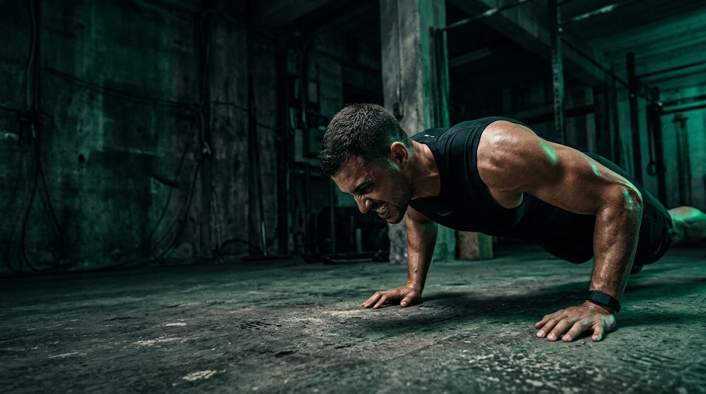 An athlete mid push-up in a concrete gym, wearing a black 1st band