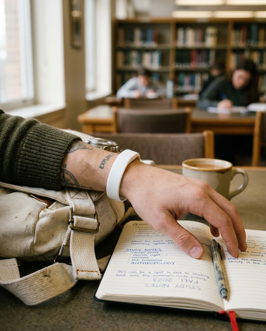 A wrist wearing a white 1st band resting on an open notebook